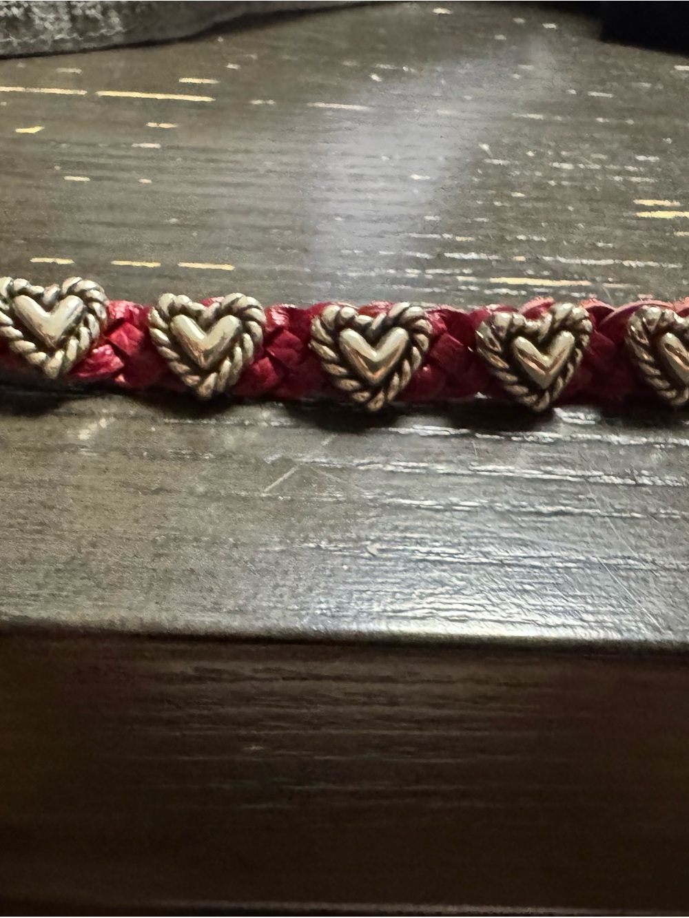 Brighton Braided Red Leather Bracelet with Silver Heart Charms